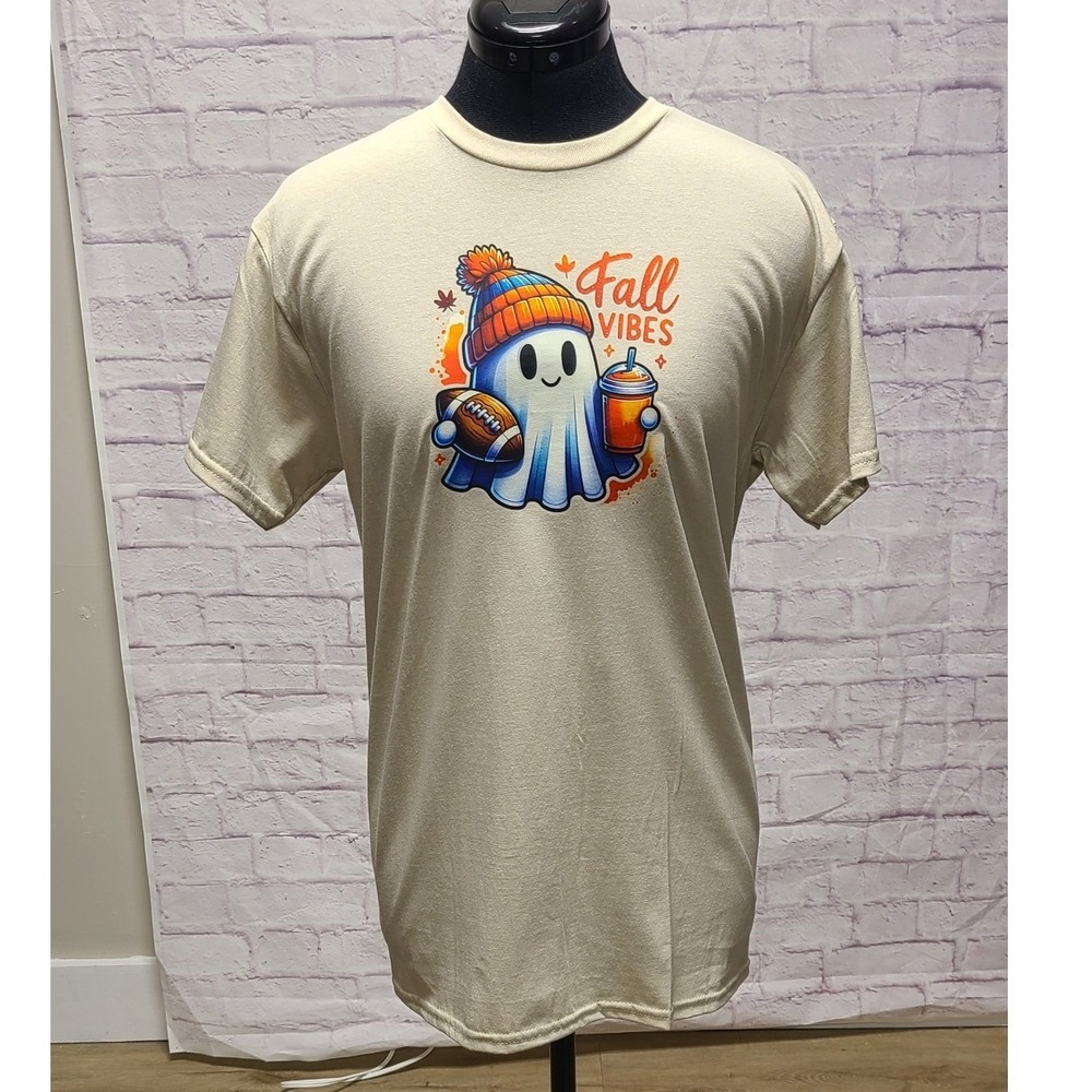 Gildan Fall Vibes Ghost Football Graphic T-Shirt Cream Small DTF Print Autumn